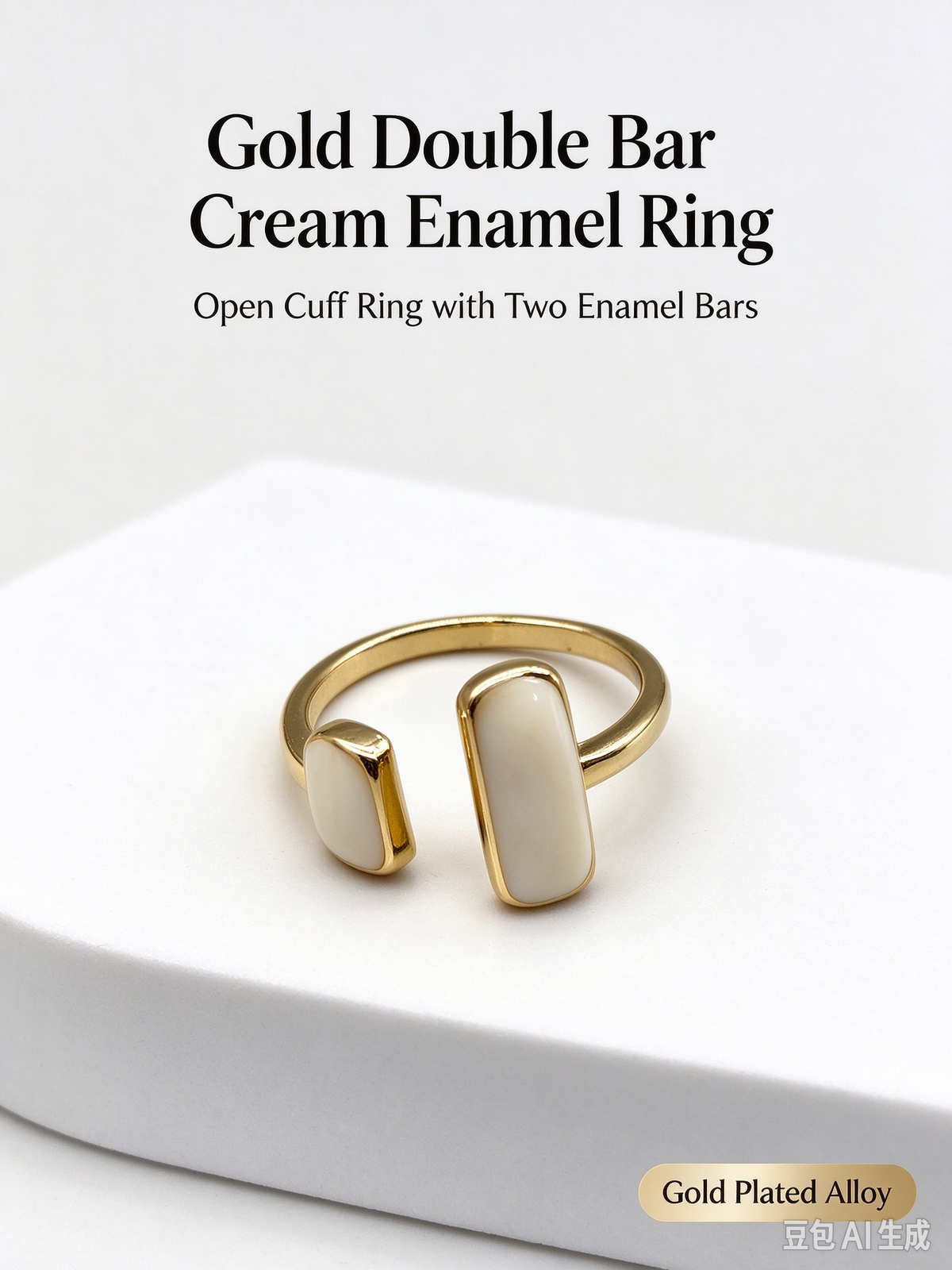 Gold Open Cuff Ring with Dual Cream Rectangular Inlay Stones, Adjustable Statement Ring for Women