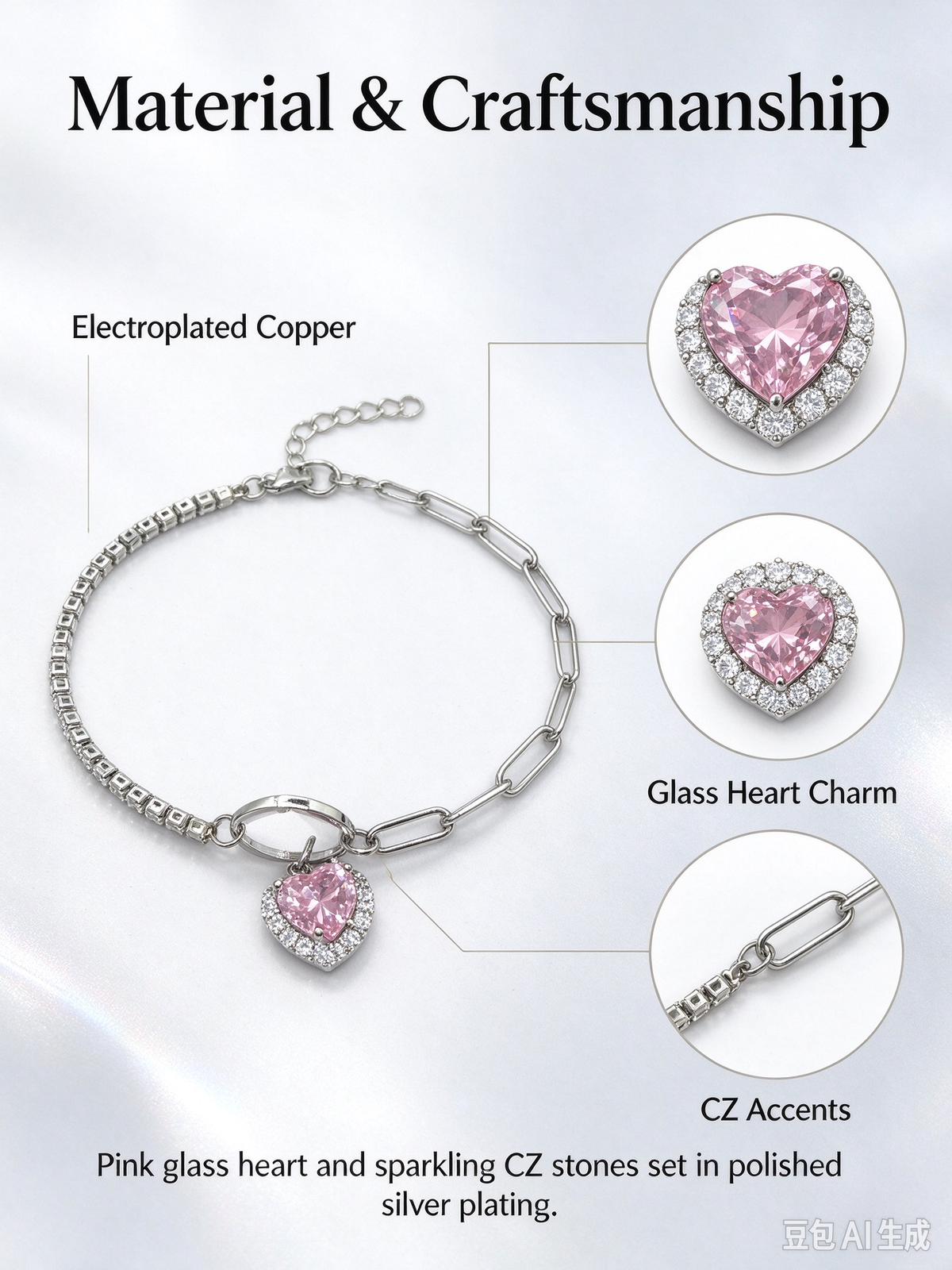 Pink Heart Dual Layer Bracelet, Cubic Zirconia & Paperclip Chain Stackable Bracelet