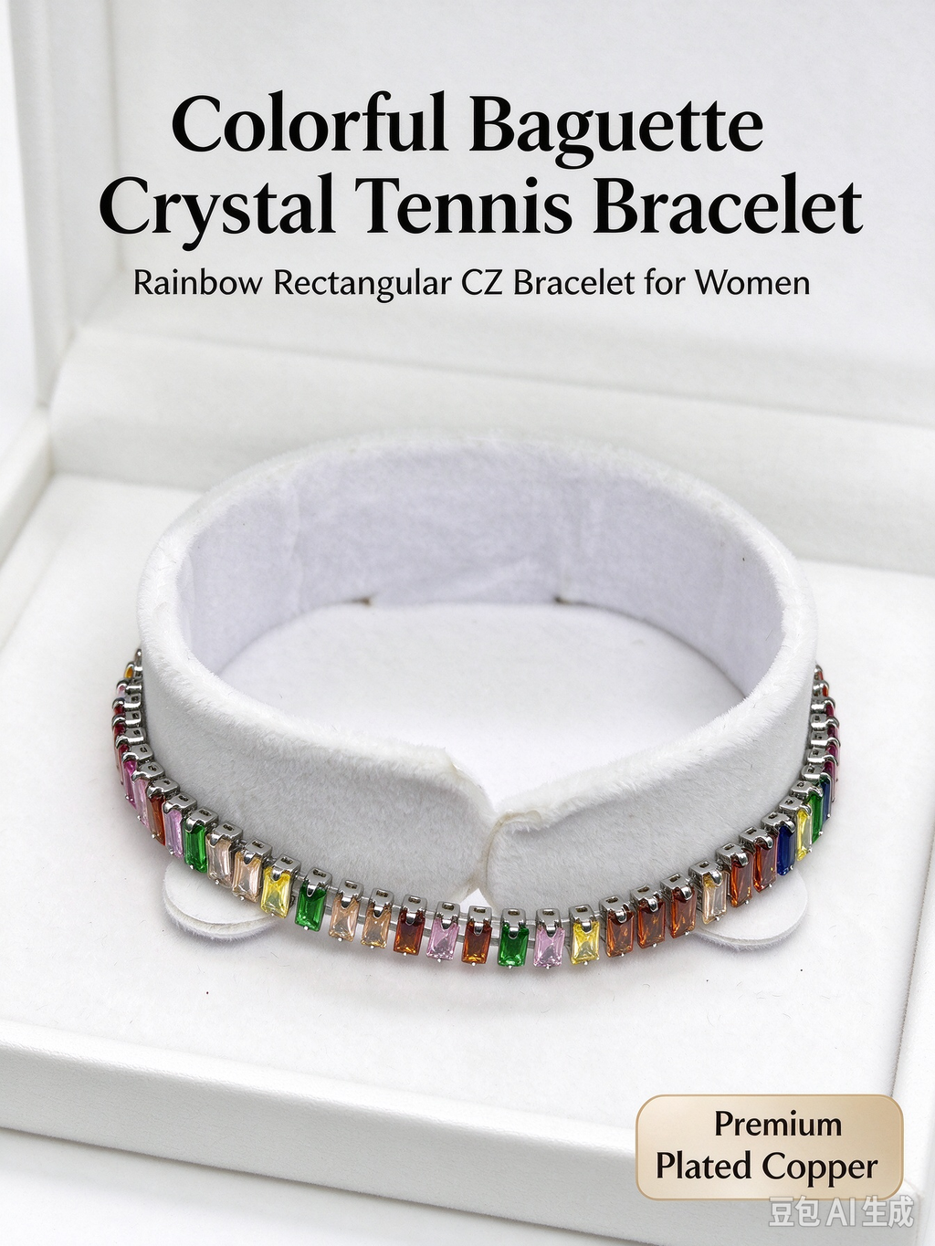 Colorful Baguette Crystal Tennis Bracelet, Rainbow Rectangular CZ Tennis Bracelet for Women