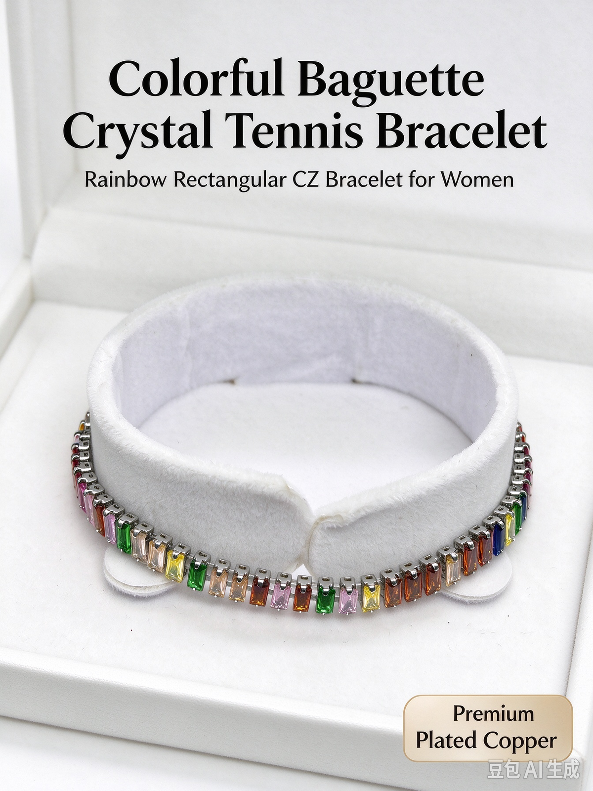 Colorful Baguette Crystal Tennis Bracelet, Rainbow Rectangular CZ Tennis Bracelet for Women