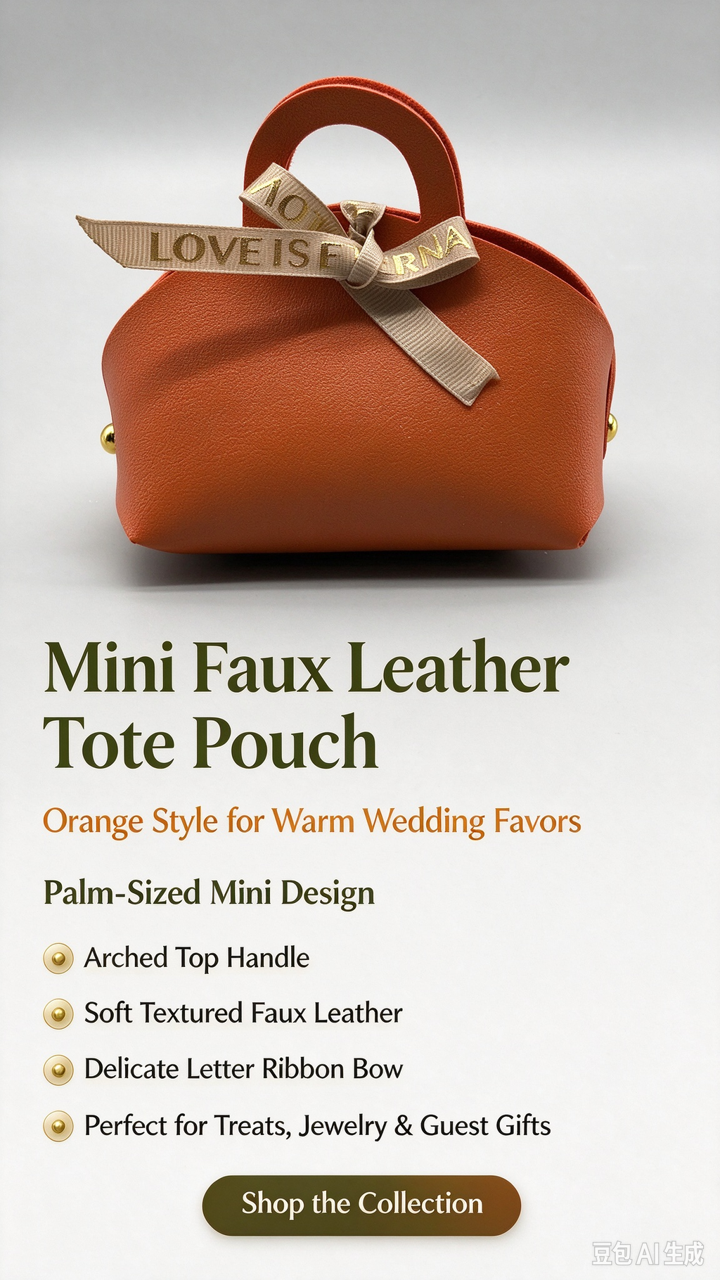 Orange Mini Faux Leather Tote Pouch with Delicate Letter Ribbon Bow, Small Gift Bag for Wedding Favors, Bridal Shower, Party Candy & Guest Gifts