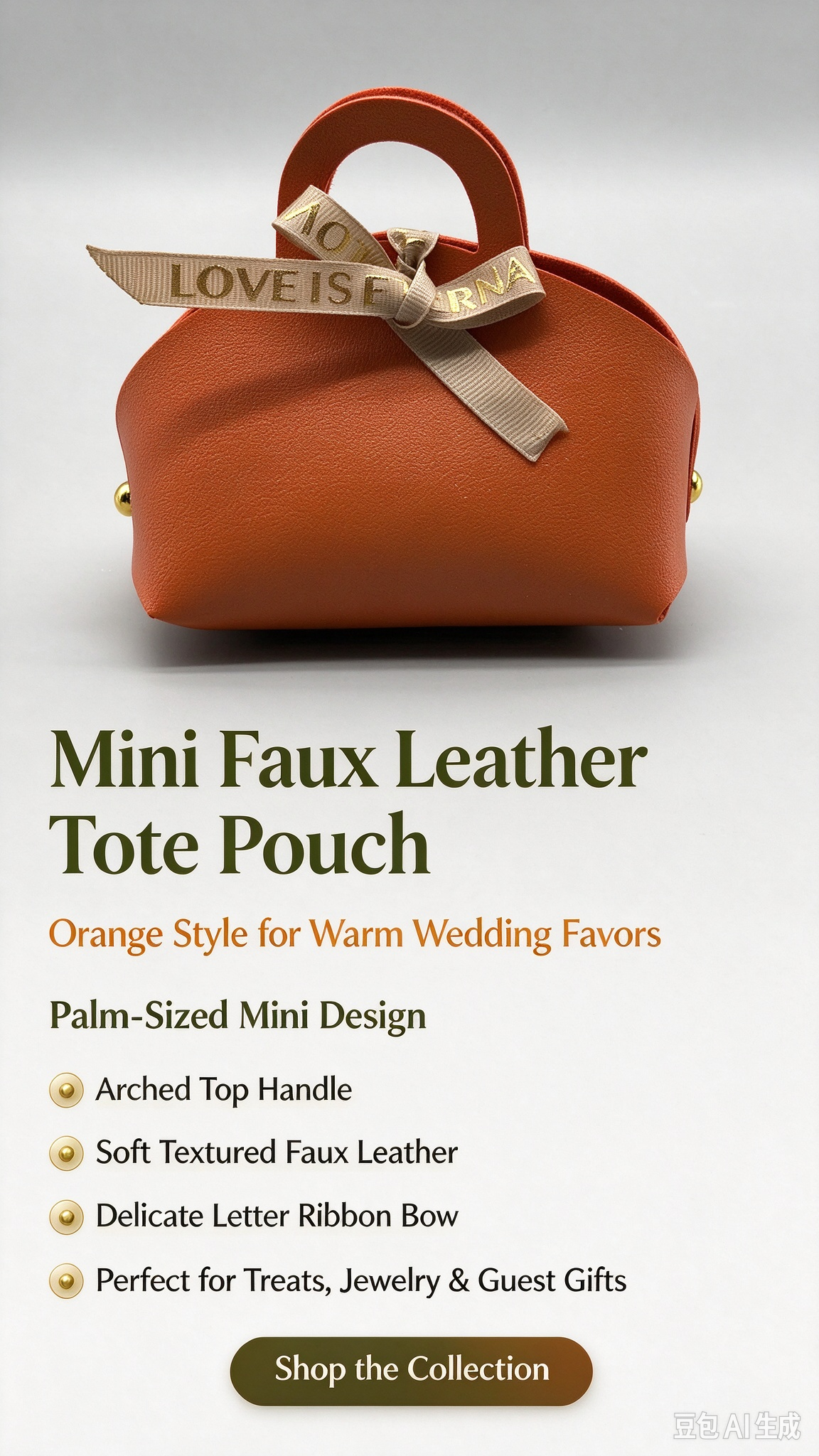 Orange Mini Faux Leather Tote Pouch with Delicate Letter Ribbon Bow, Small Gift Bag for Wedding Favors, Bridal Shower, Party Candy & Guest Gifts