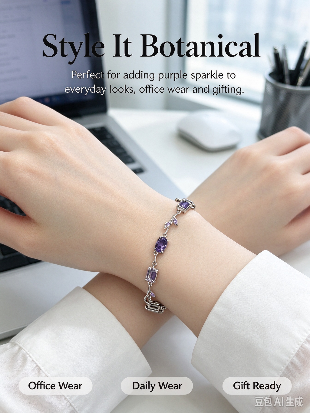 Purple CZ Leaf Chain Bracelet, Silver Botanical Bracelet with Purple Charms