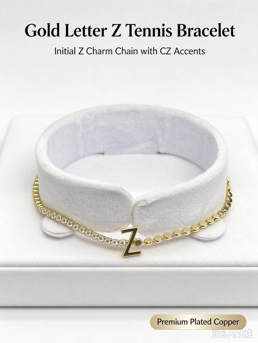 Gold Two-Strand Initial Z Bracelet, Dual Chain Letter Z Bracelet with Crystal & Bead Chain