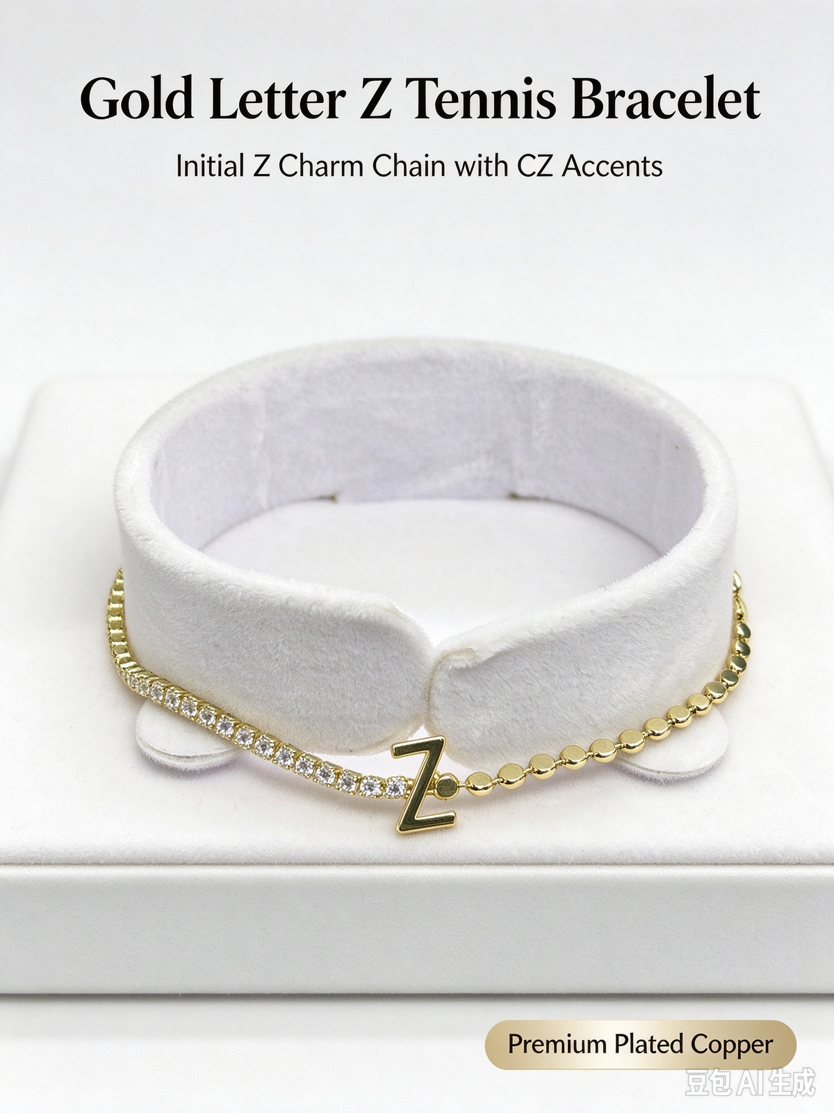 Gold Two-Strand Initial Z Bracelet, Dual Chain Letter Z Bracelet with Crystal & Bead Chain