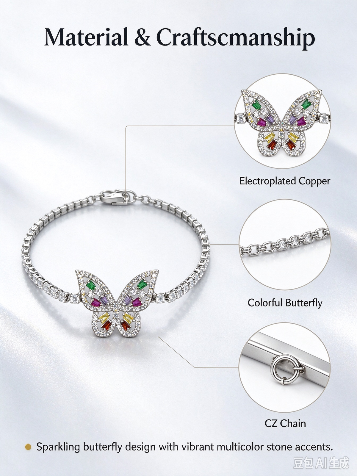Silver Rainbow CZ Butterfly Tennis Bracelet, Multicolor Crystal Butterfly Statement Bracelet