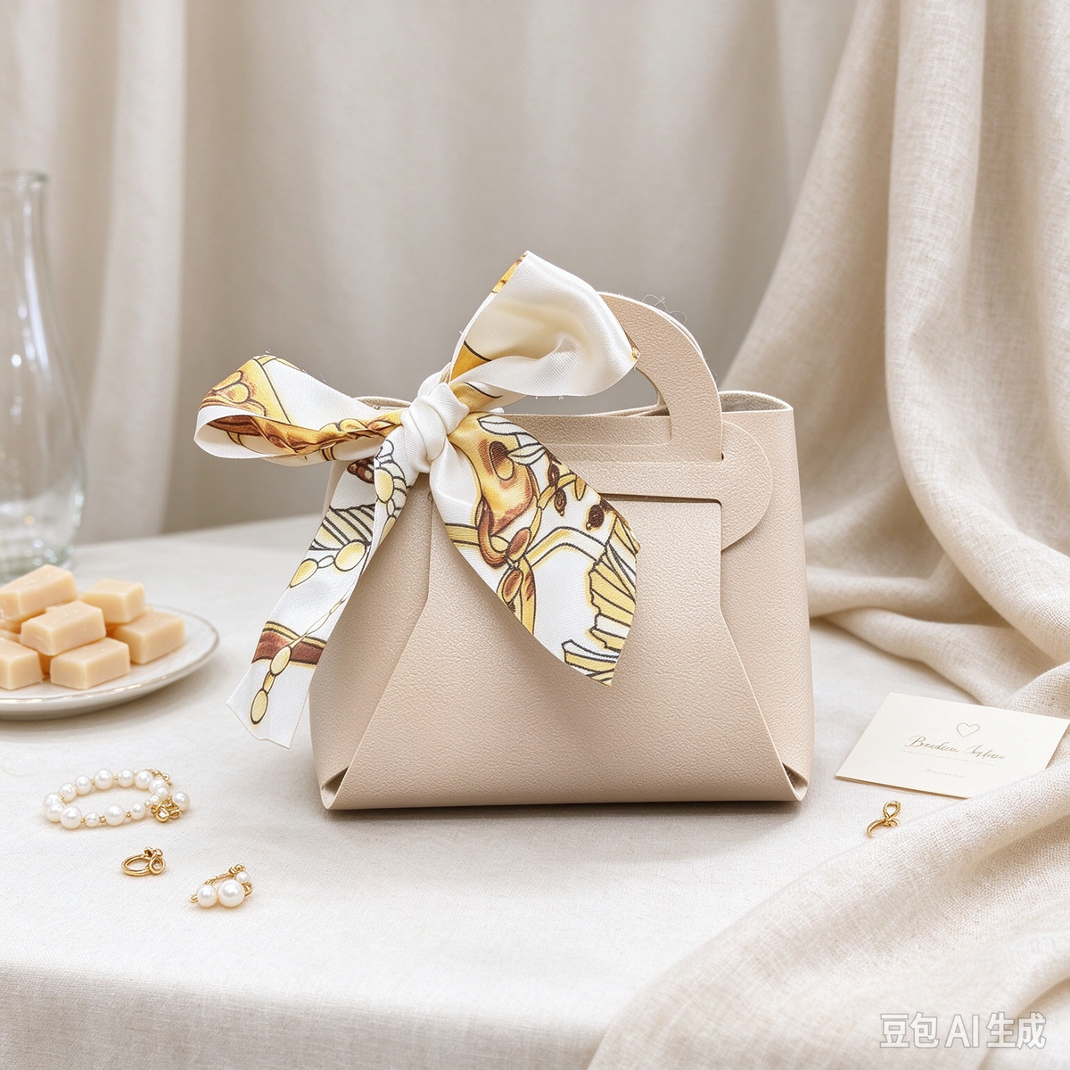 Khaki Mini Faux Leather Tote Pouch, Small Gift Bag with Printed Silk Scarf Bow for Wedding Favors, Bridal Shower, Party Candy & Guest Gifts