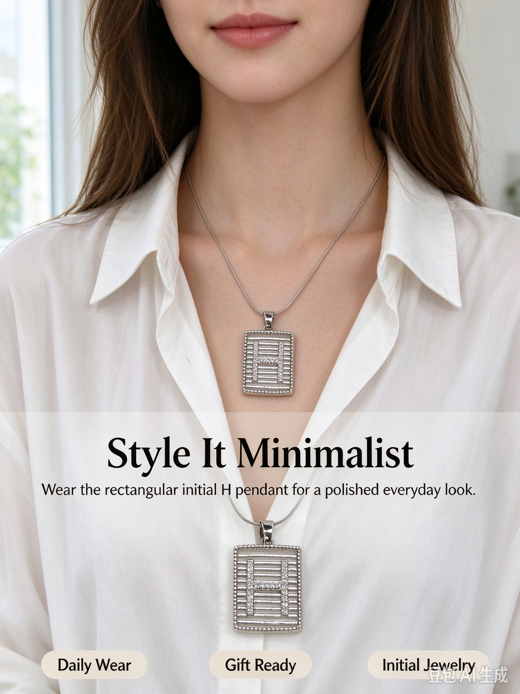 Square Striped H Initial Necklace, Silver Rhinestone Letter Pendant Snake Chain Necklace