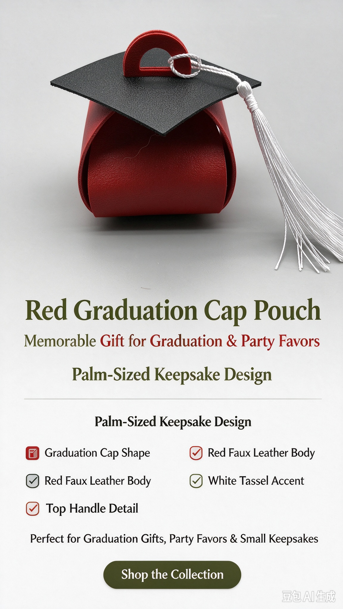 Red Graduation Cap Mini Faux Leather Keychain Purse, Tiny Coin Pouch Earbud Holder, Cute Graduation Gift Bag Charm for Women