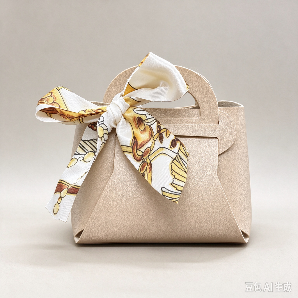 Khaki Mini Faux Leather Tote Pouch, Small Gift Bag with Printed Silk Scarf Bow for Wedding Favors, Bridal Shower, Party Candy & Guest Gifts