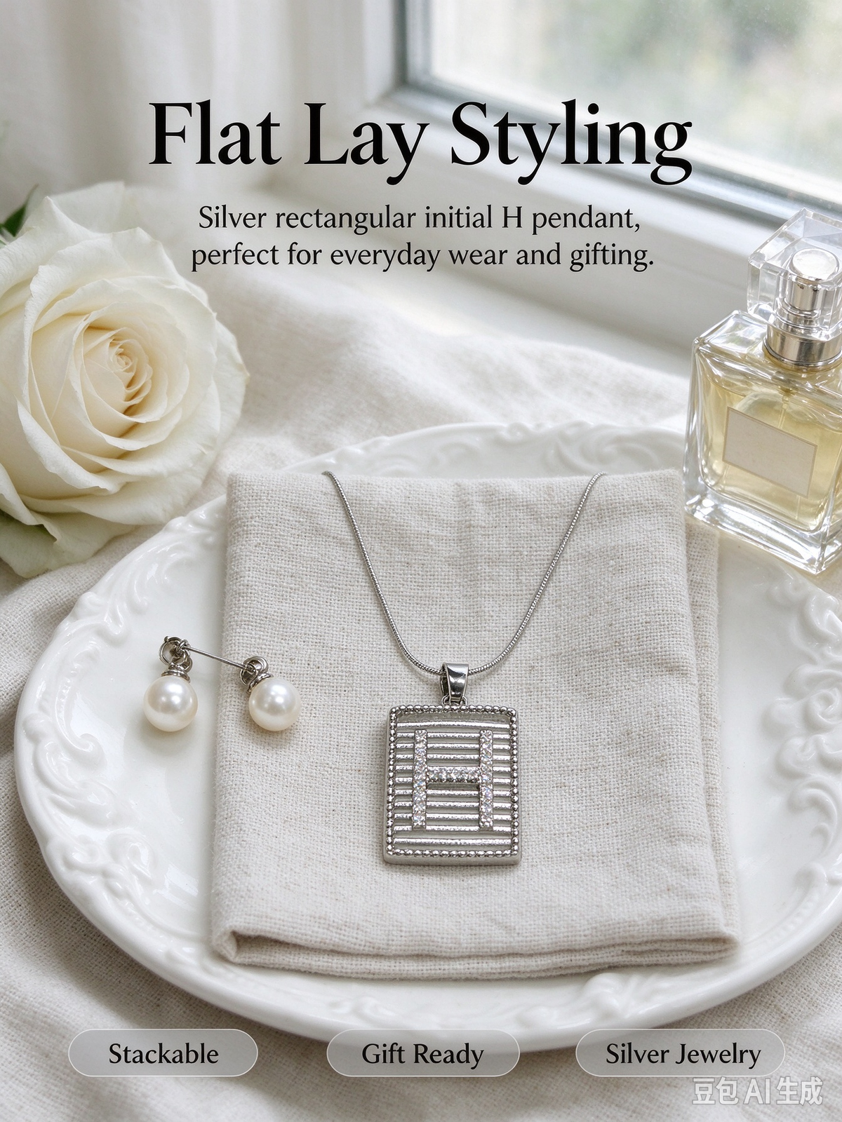 Square Striped H Initial Necklace, Silver Rhinestone Letter Pendant Snake Chain Necklace