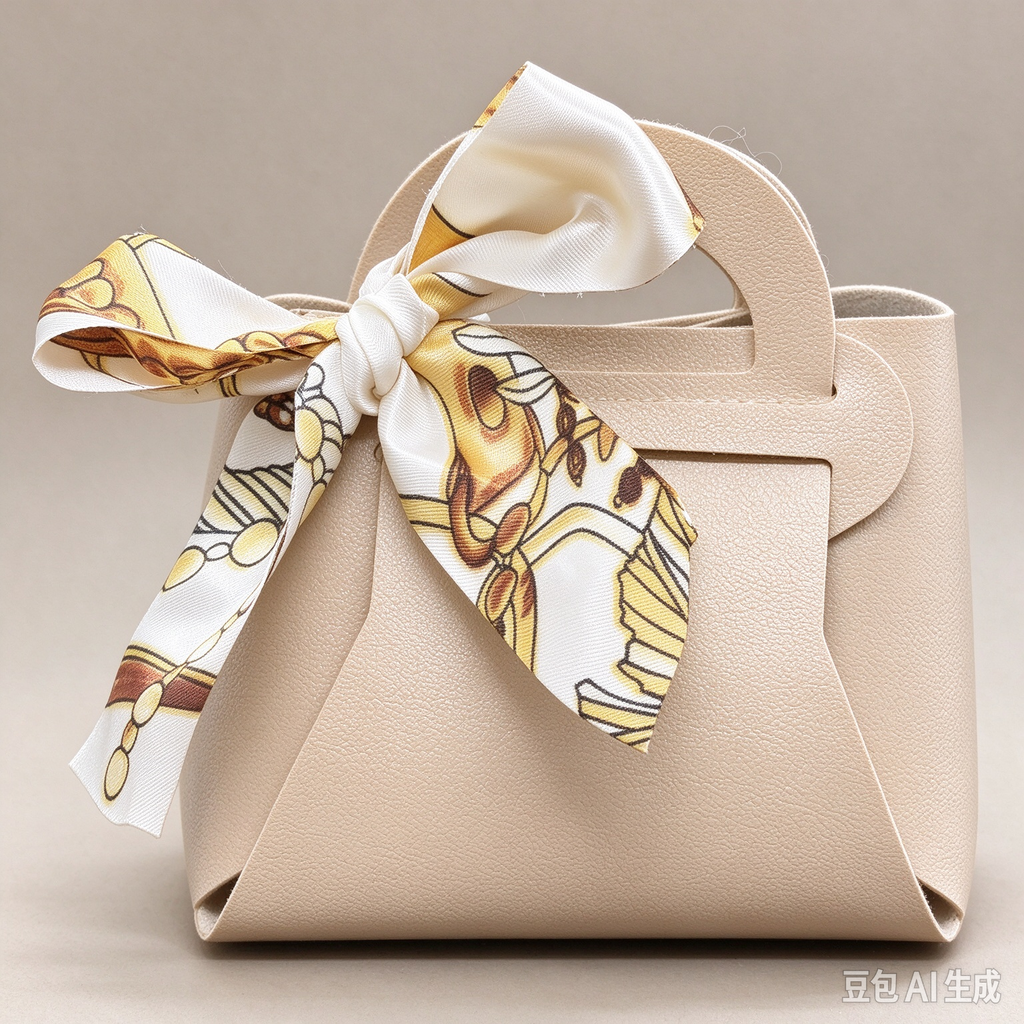 Khaki Mini Faux Leather Tote Pouch, Small Gift Bag with Printed Silk Scarf Bow for Wedding Favors, Bridal Shower, Party Candy & Guest Gifts