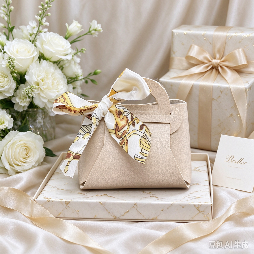 Khaki Mini Faux Leather Tote Pouch, Small Gift Bag with Printed Silk Scarf Bow for Wedding Favors, Bridal Shower, Party Candy & Guest Gifts