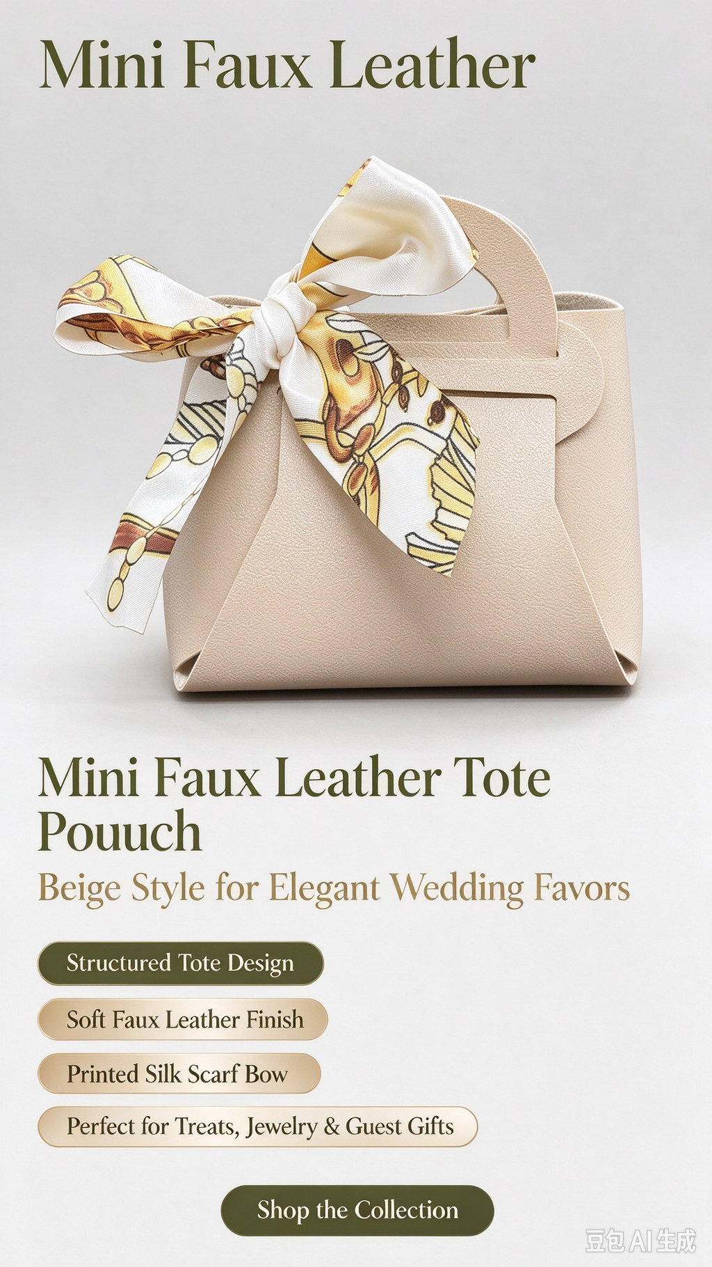 Khaki Mini Faux Leather Tote Pouch, Small Gift Bag with Printed Silk Scarf Bow for Wedding Favors, Bridal Shower, Party Candy & Guest Gifts