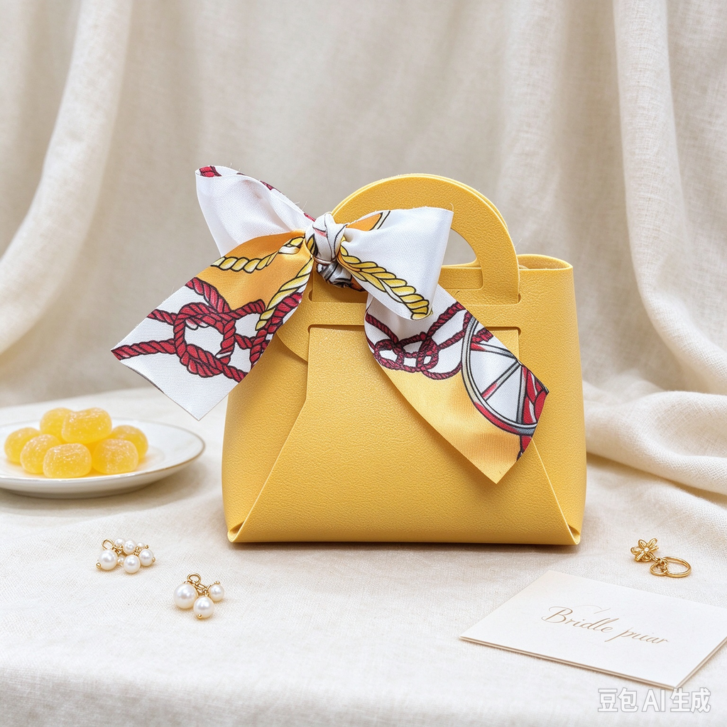 Mustard Yellow Mini Faux Leather Tote Pouch, Small Gift Bag with Printed Silk Scarf Bow for Wedding Favors, Bridal Shower, Party Candy & Guest Gifts