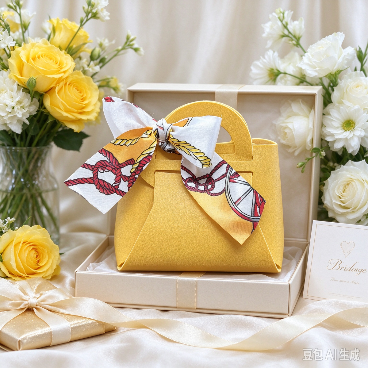 Mustard Yellow Mini Faux Leather Tote Pouch, Small Gift Bag with Printed Silk Scarf Bow for Wedding Favors, Bridal Shower, Party Candy & Guest Gifts