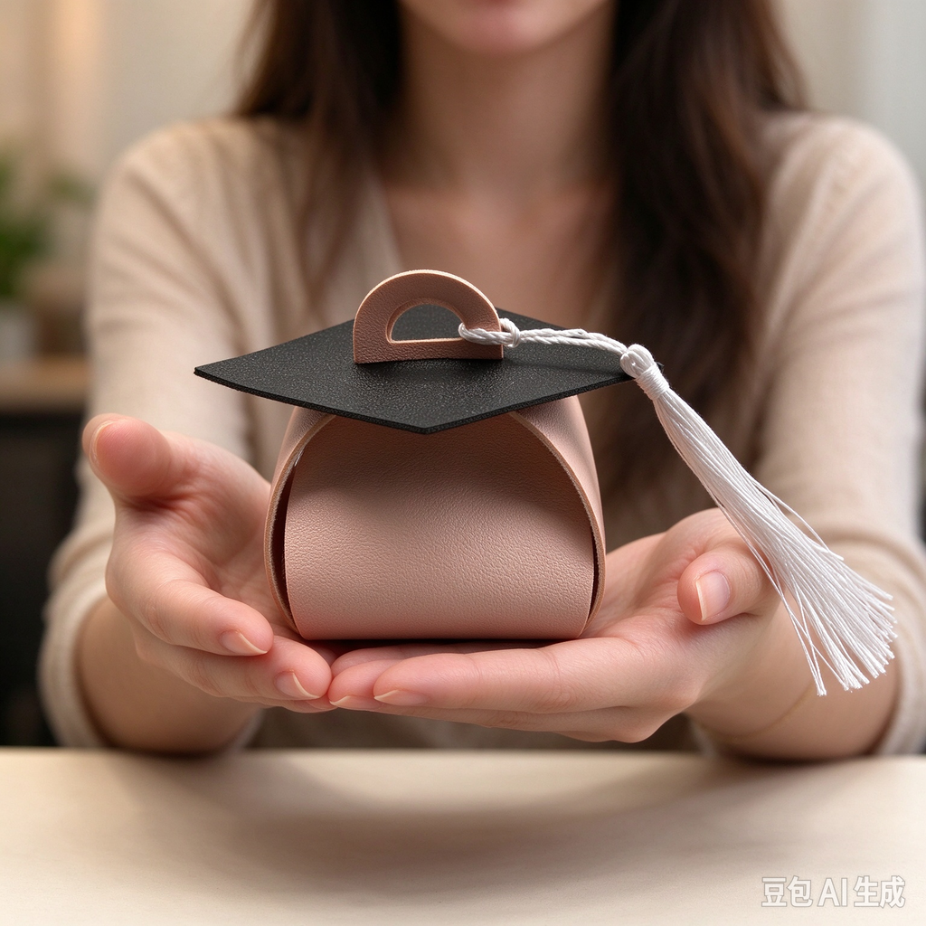 Pink Graduation Cap Mini Faux Leather Keychain Purse, Tiny Coin Pouch Earbud Holder, Cute Graduation Gift Bag Charm for Women