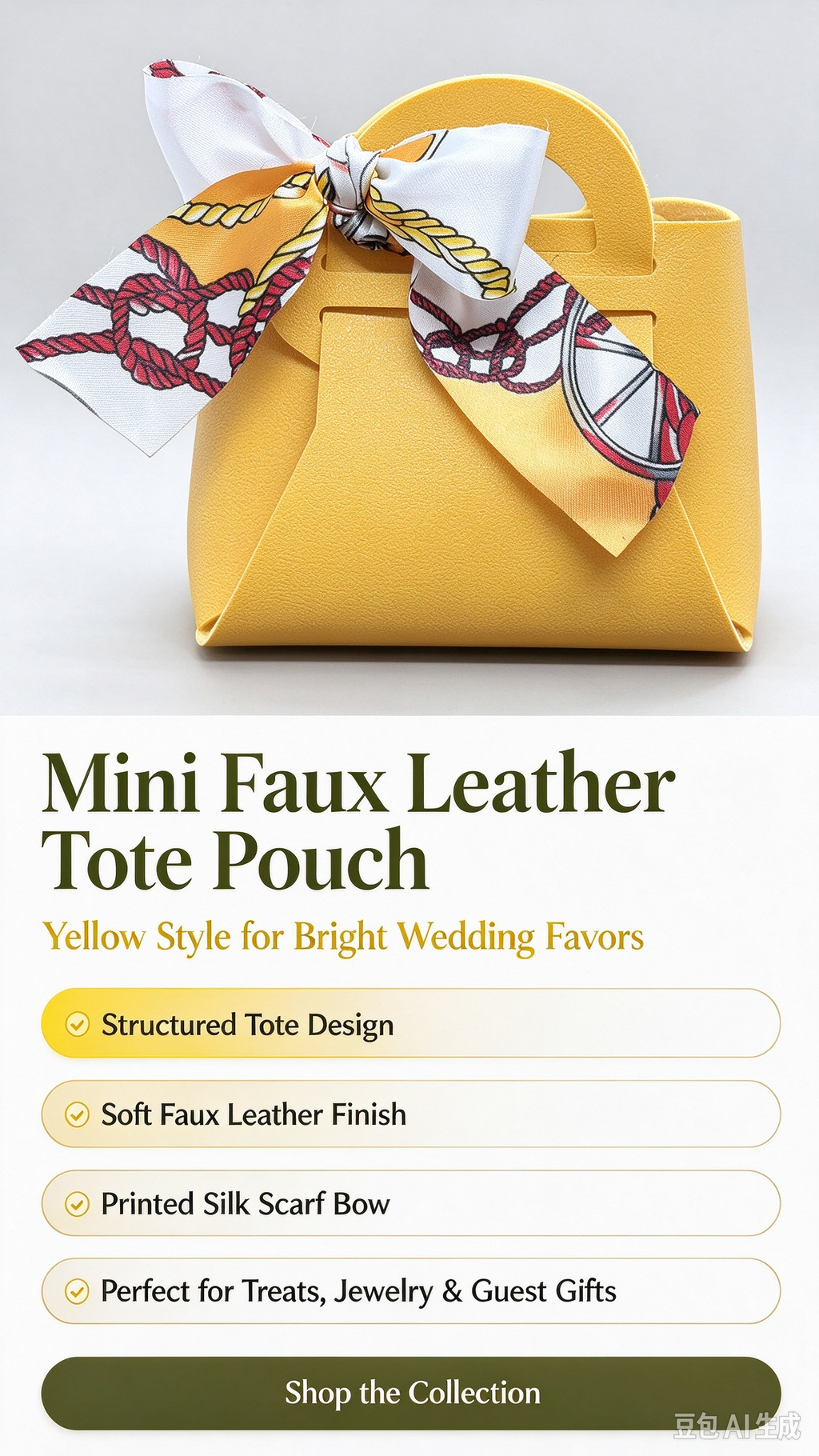 Mustard Yellow Mini Faux Leather Tote Pouch, Small Gift Bag with Printed Silk Scarf Bow for Wedding Favors, Bridal Shower, Party Candy & Guest Gifts