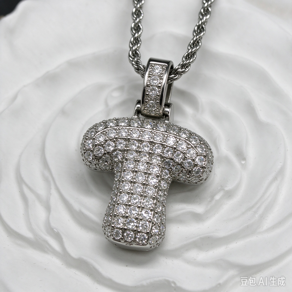 Iced Out Mushroom Pendant Necklace, Silver Rhinestone Initial T Necklace with Rope Chain, Hip Hop Jewelry