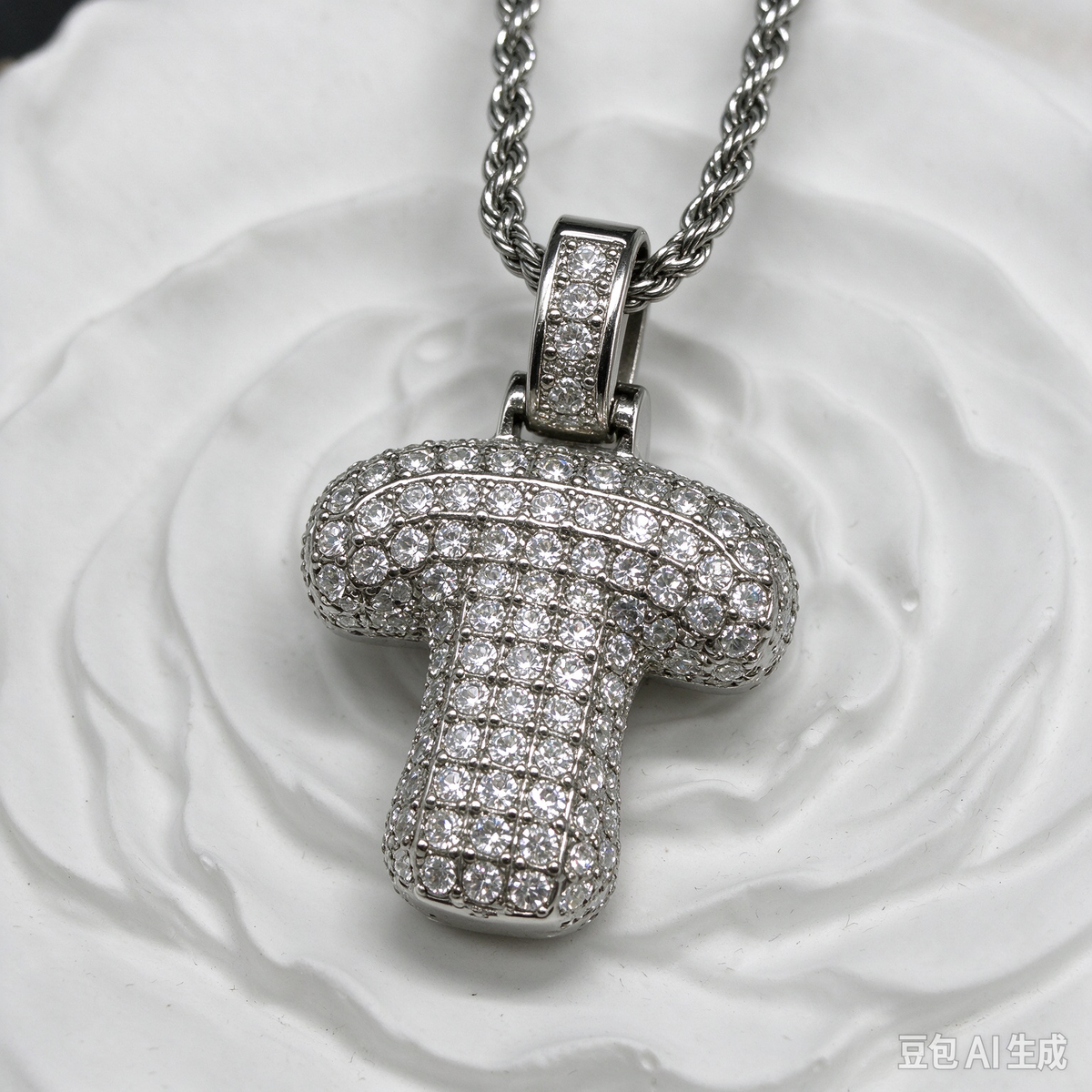 Iced Out Mushroom Pendant Necklace, Silver Rhinestone Initial T Necklace with Rope Chain, Hip Hop Jewelry
