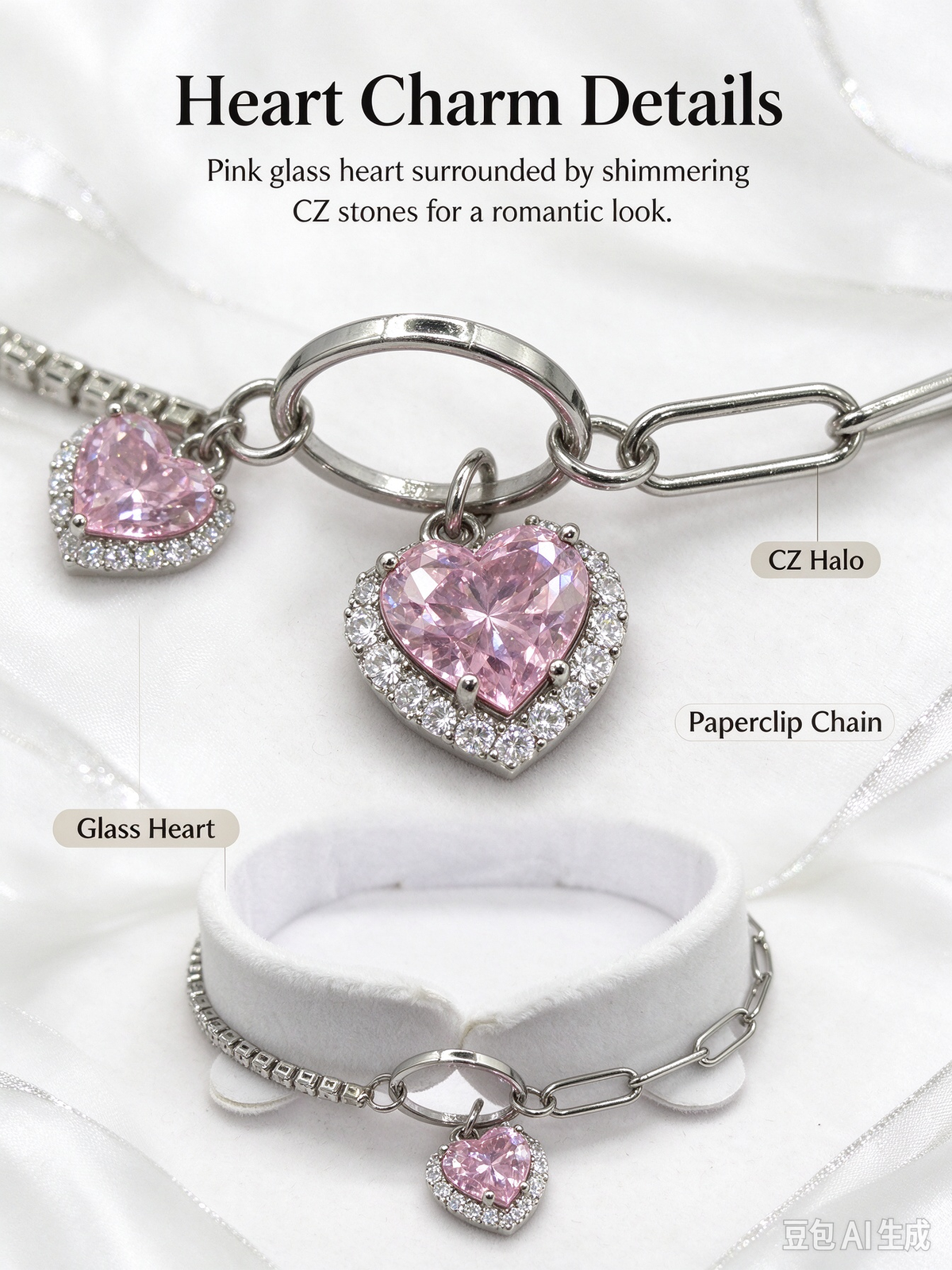 Pink Heart Dual Layer Bracelet, Cubic Zirconia & Paperclip Chain Stackable Bracelet