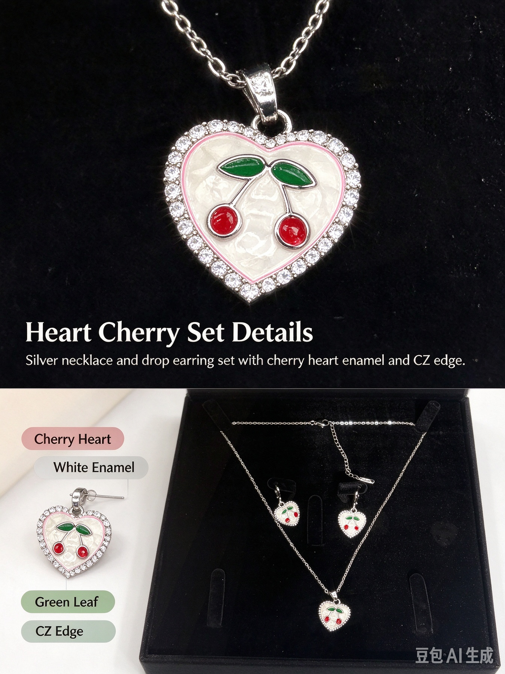 Heart Enamel Cherry Necklace & Drop Earring Set, Silver Plated Cute Fruit Jewelry Gift Box for Women & Teens