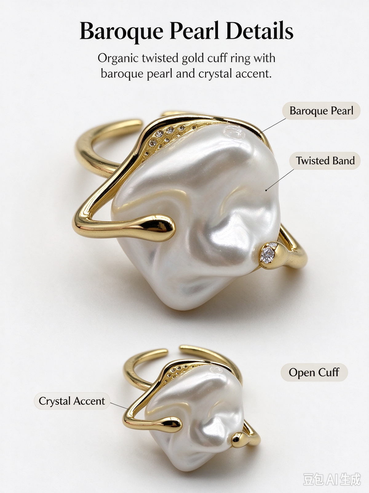 Abstract Wavy Wire Baroque Pearl Statement Ring