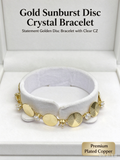 Gold Sunburst Disc Crystal Bracelet, Statement Golden Disc Bracelet with Clear CZ
