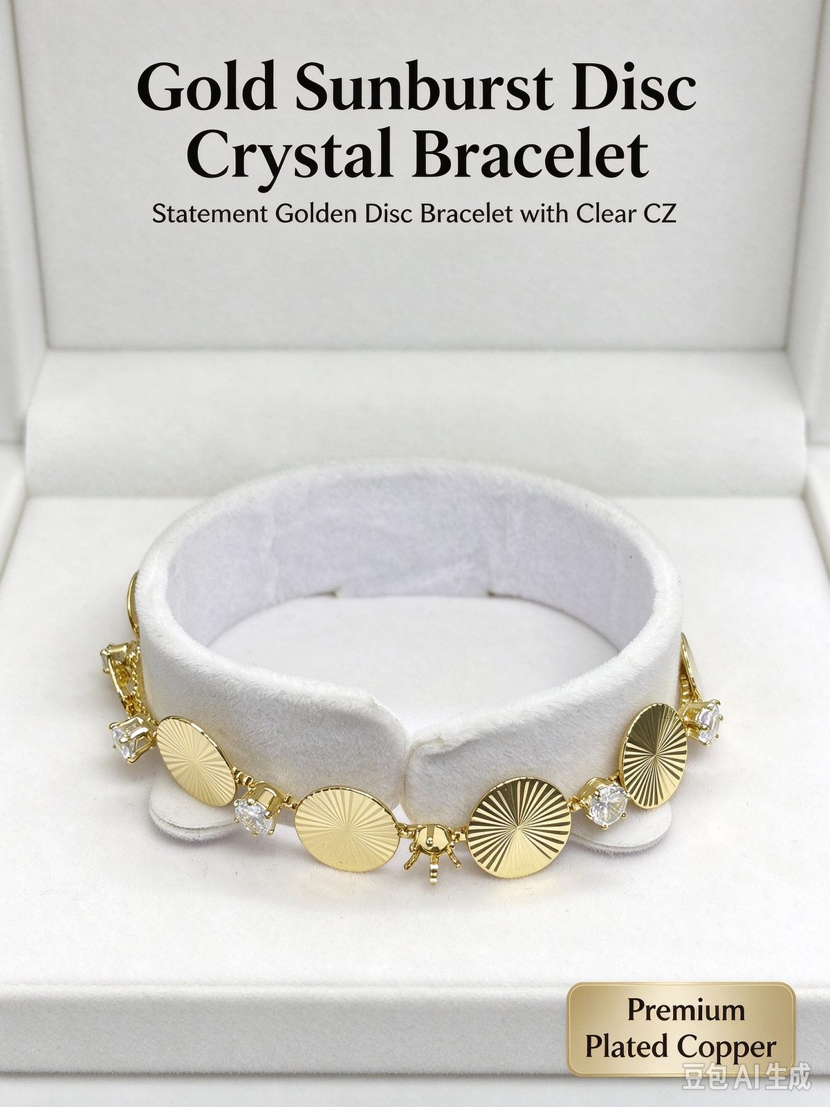 Gold Sunburst Disc Crystal Bracelet, Statement Golden Disc Bracelet with Clear CZ