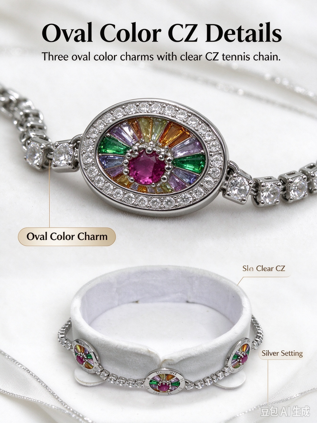Silver Oval Color CZ Tennis Bracelet, Three Stone Charm Crystal Bracelet for Women