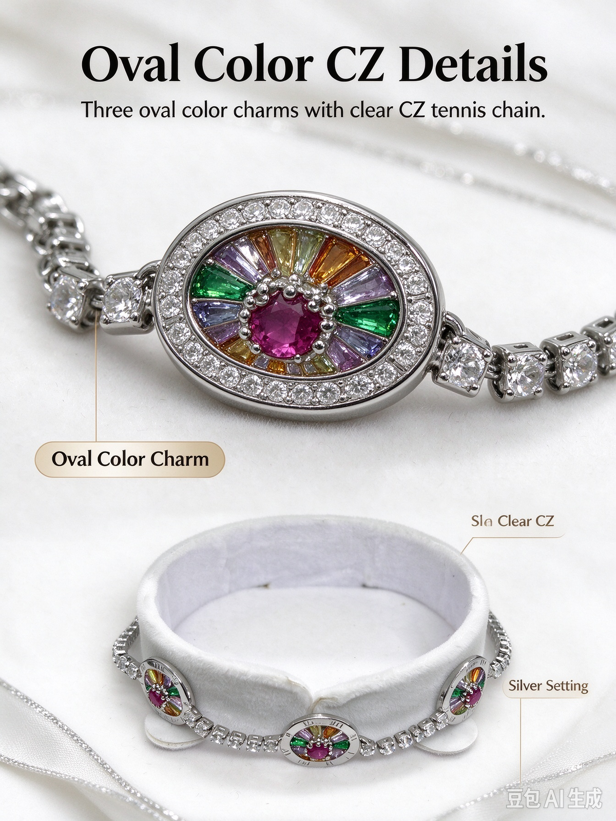 Silver Oval Color CZ Tennis Bracelet, Three Stone Charm Crystal Bracelet for Women