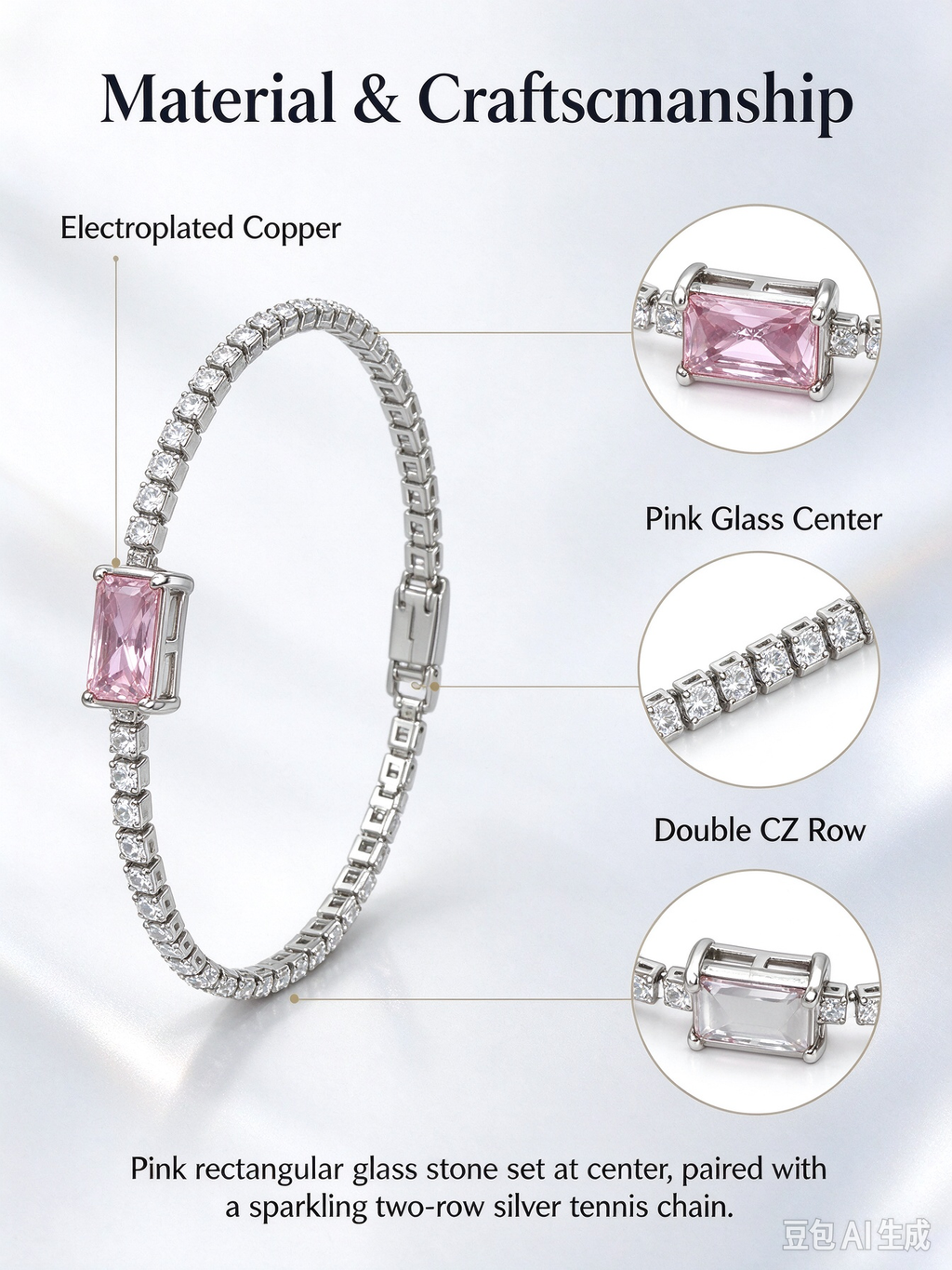 Pink Rectangle Stone Tennis Bracelet, Dainty Sweet Pink Crystal Minimalist Bracelet