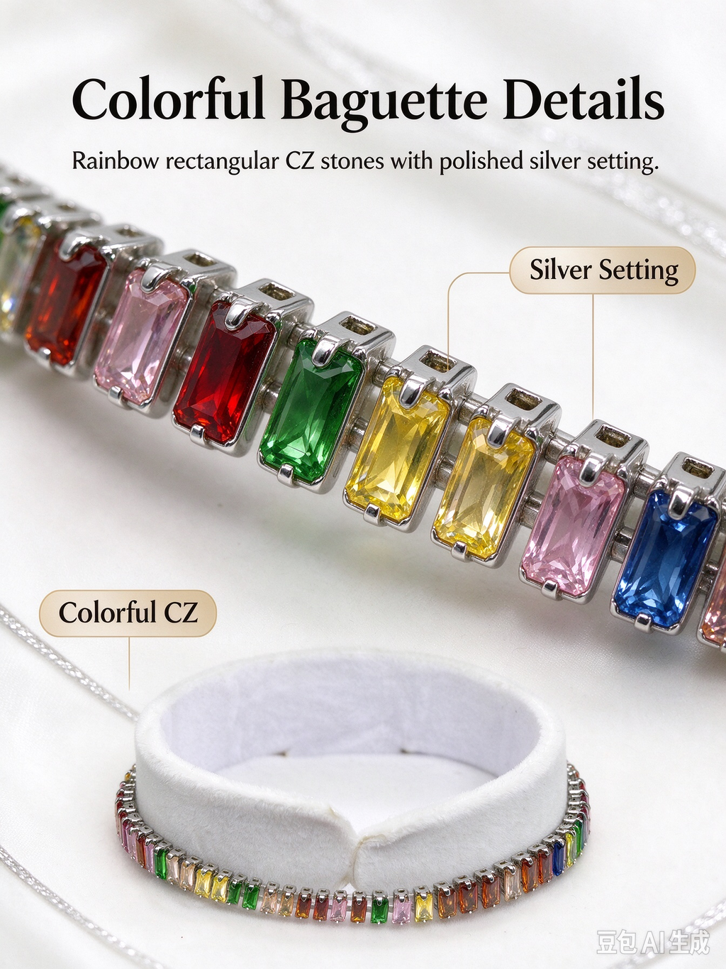 Colorful Baguette Crystal Tennis Bracelet, Rainbow Rectangular CZ Tennis Bracelet for Women