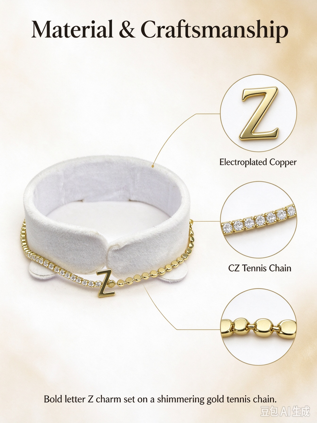 Gold Two-Strand Initial Z Bracelet, Dual Chain Letter Z Bracelet with Crystal & Bead Chain