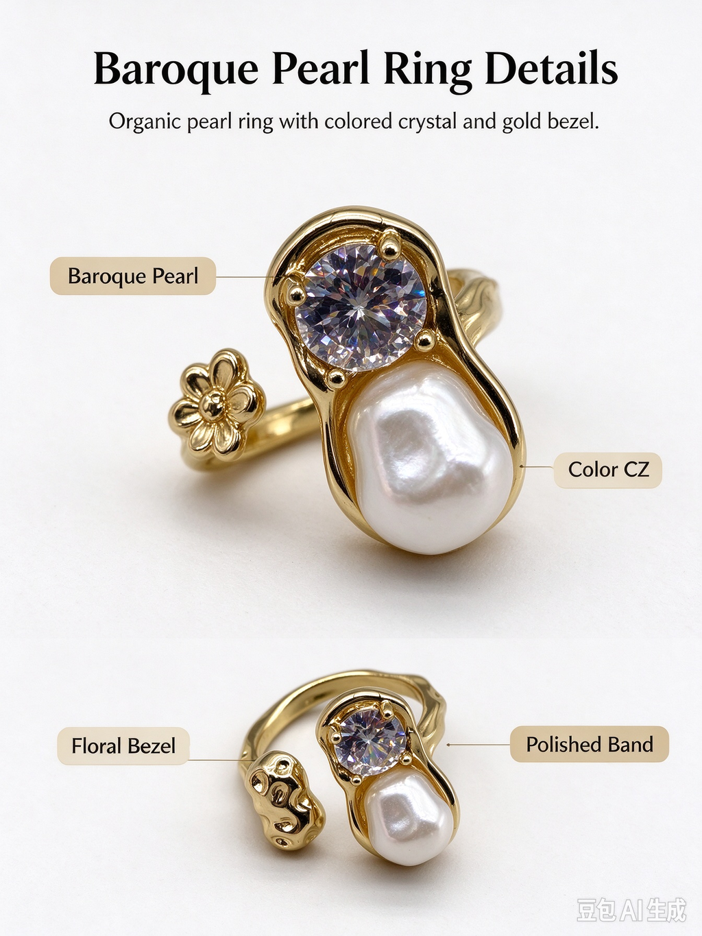Molten Texture Baroque Pearl CZ Open Ring