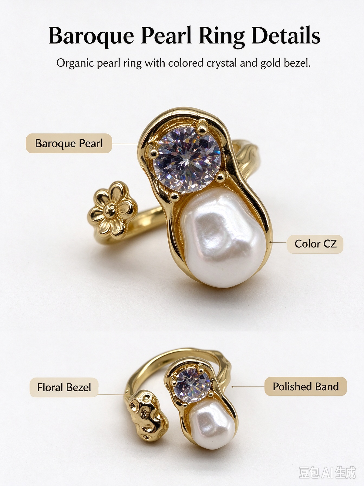 Molten Texture Baroque Pearl CZ Open Ring