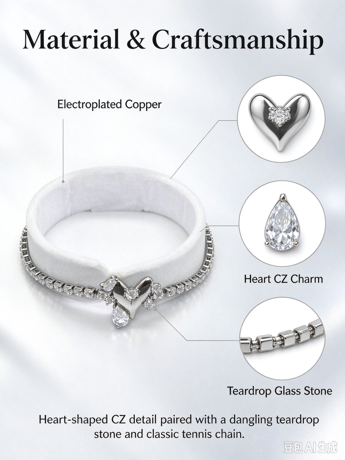 Heart Teardrop Drop Tennis Bracelet, Dainty Cubic Zirconia Charm Bracelet