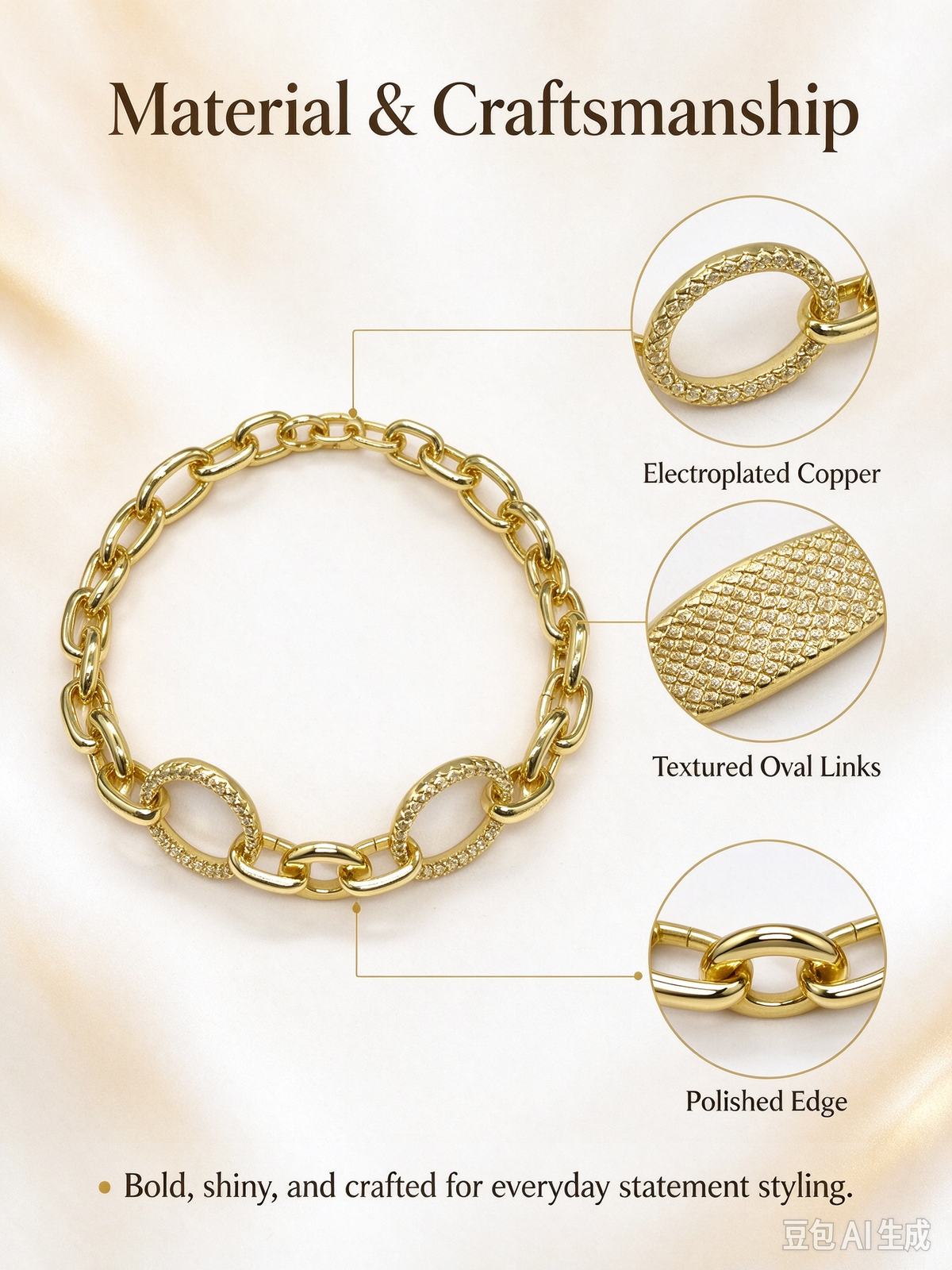 Gold Chunky Chain Bracelet, Cubic Zirconia Oval Link Statement Bracelet for Women