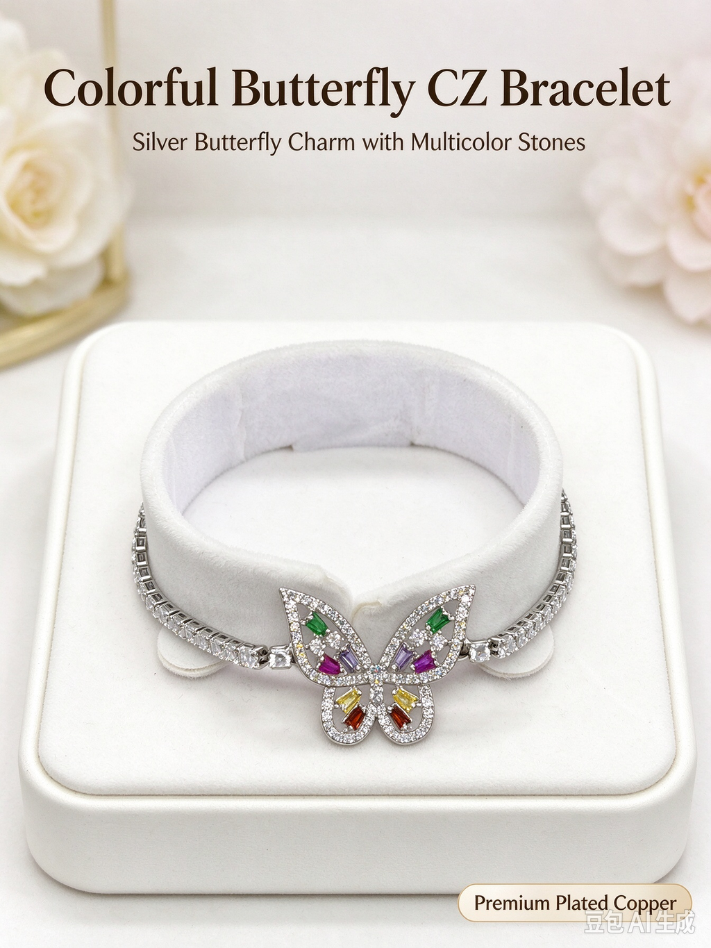 Silver Rainbow CZ Butterfly Tennis Bracelet, Multicolor Crystal Butterfly Statement Bracelet