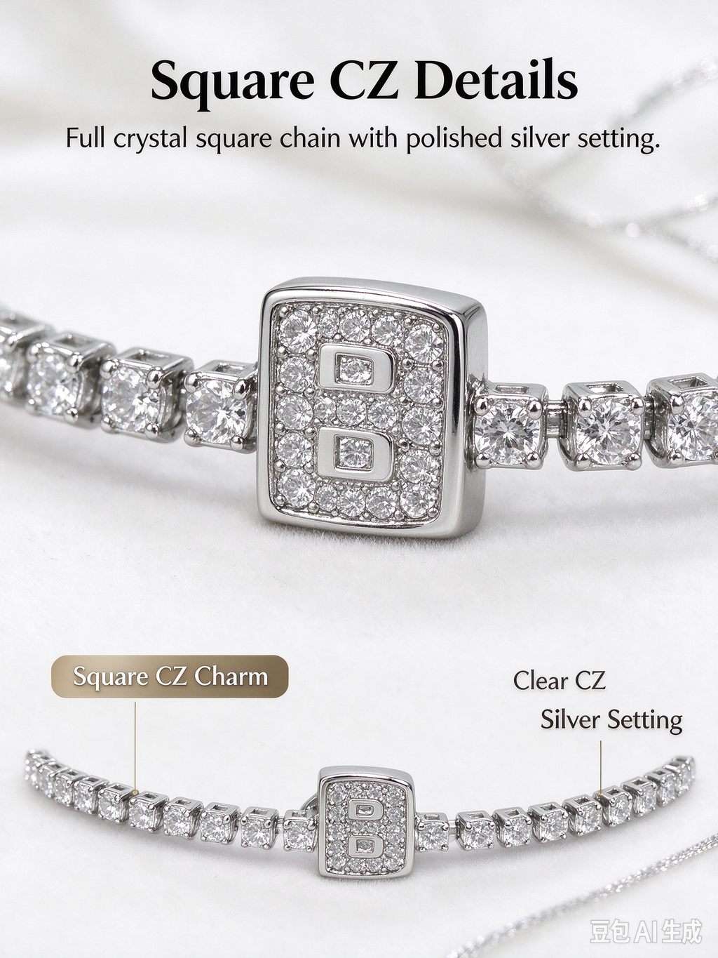 Silver Square CZ Tennis Bracelet, Full Square Crystal Chain Bracelet for Women