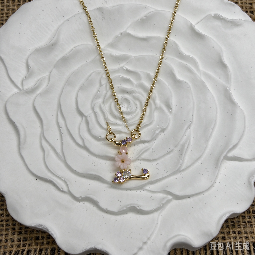 Dainty Gold Floral Letter L Initial Necklace, Pink Flower & Multicolor Crystal Pendant, Personalized Letter Jewelry