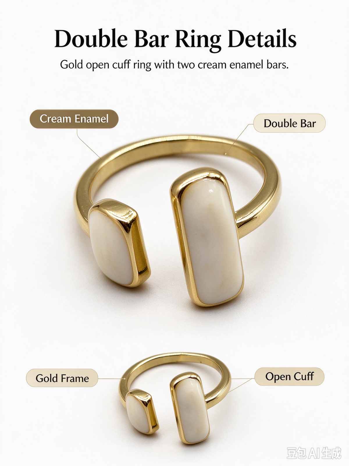 Gold Open Cuff Ring with Dual Cream Rectangular Inlay Stones, Adjustable Statement Ring for Women