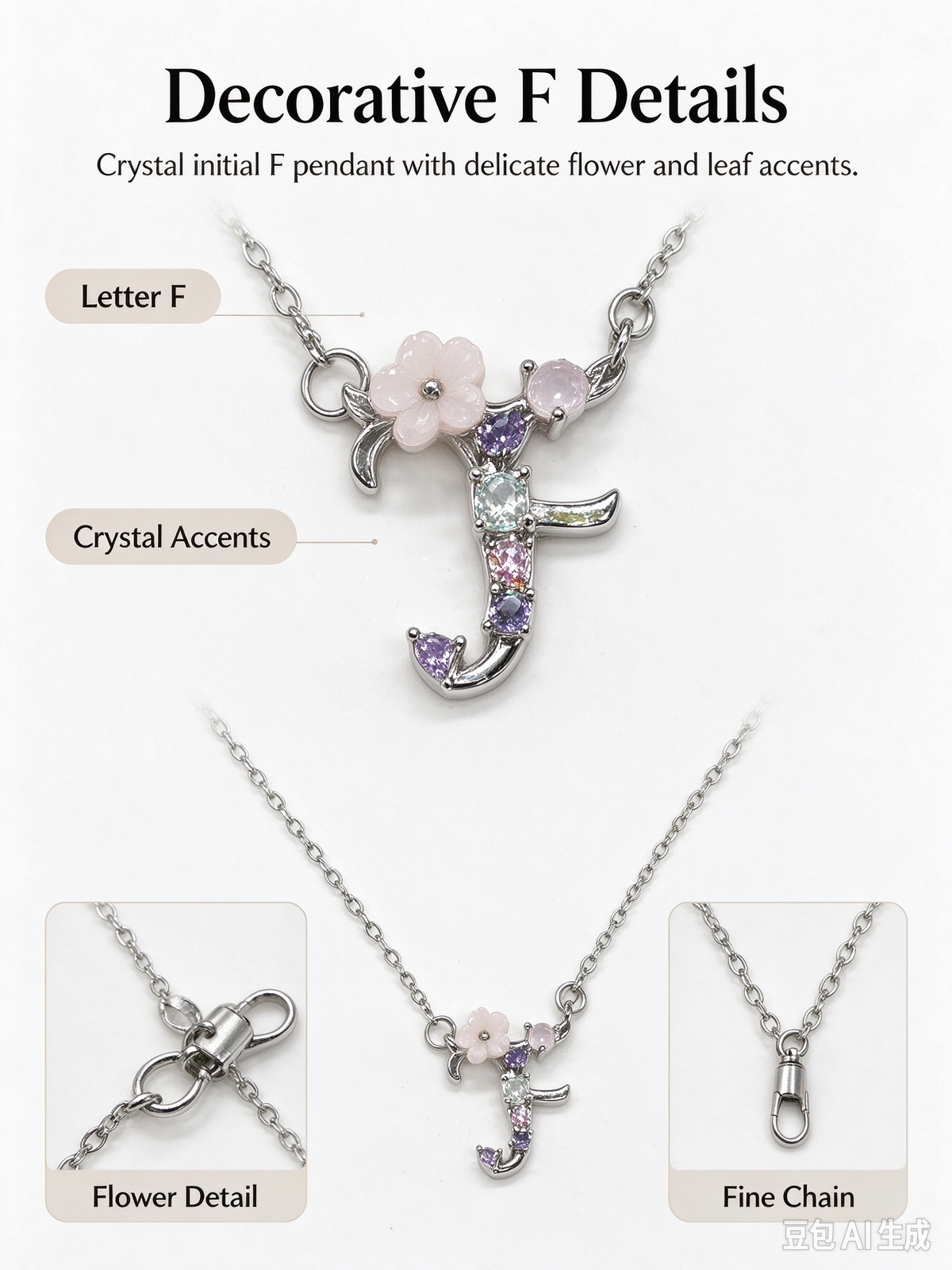 Silver Floral Letter F Initial Necklace, Dainty Alphabet Pendant with Pink Flower & Purple Rhinestone, Delicate Chain Necklace for Women