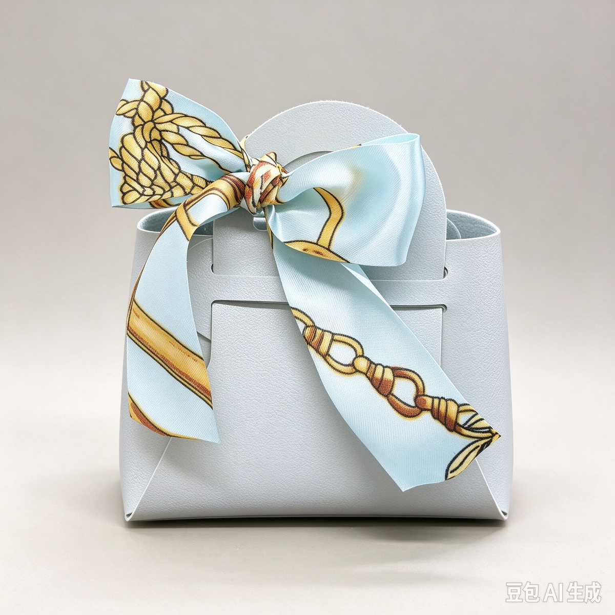 Light Blue Mini Faux Leather Tote Pouch, Small Gift Bag with Printed Silk Scarf Bow for Wedding Favors, Bridal Shower, Party Candy & Guest Gifts