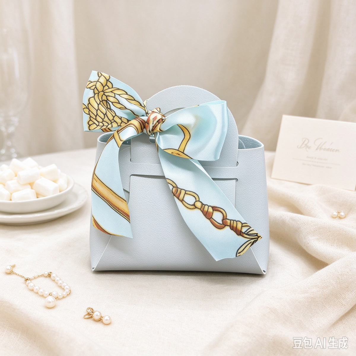 Light Blue Mini Faux Leather Tote Pouch, Small Gift Bag with Printed Silk Scarf Bow for Wedding Favors, Bridal Shower, Party Candy & Guest Gifts