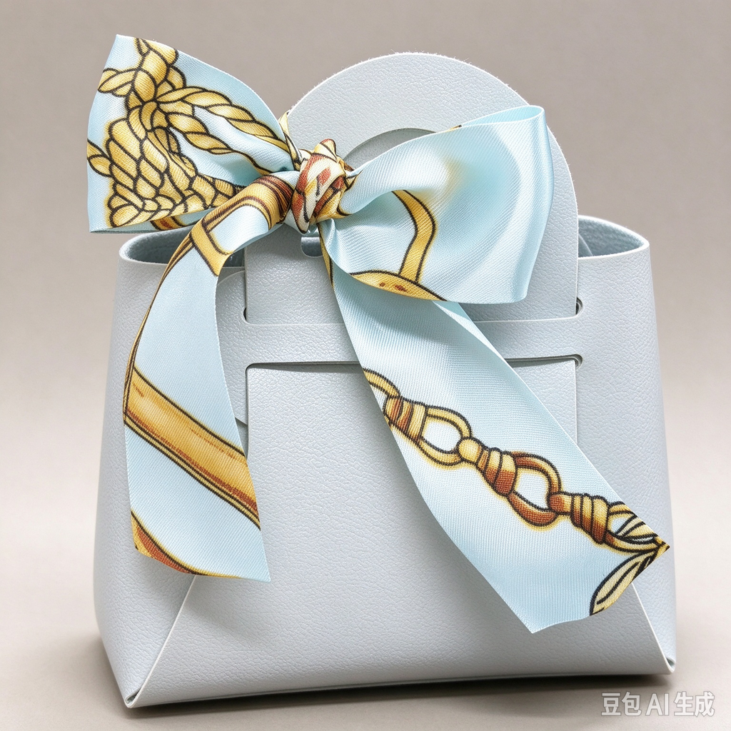 Light Blue Mini Faux Leather Tote Pouch, Small Gift Bag with Printed Silk Scarf Bow for Wedding Favors, Bridal Shower, Party Candy & Guest Gifts