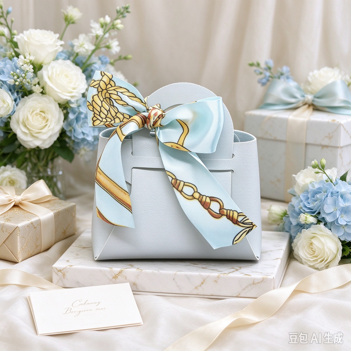 Light Blue Mini Faux Leather Tote Pouch, Small Gift Bag with Printed Silk Scarf Bow for Wedding Favors, Bridal Shower, Party Candy & Guest Gifts