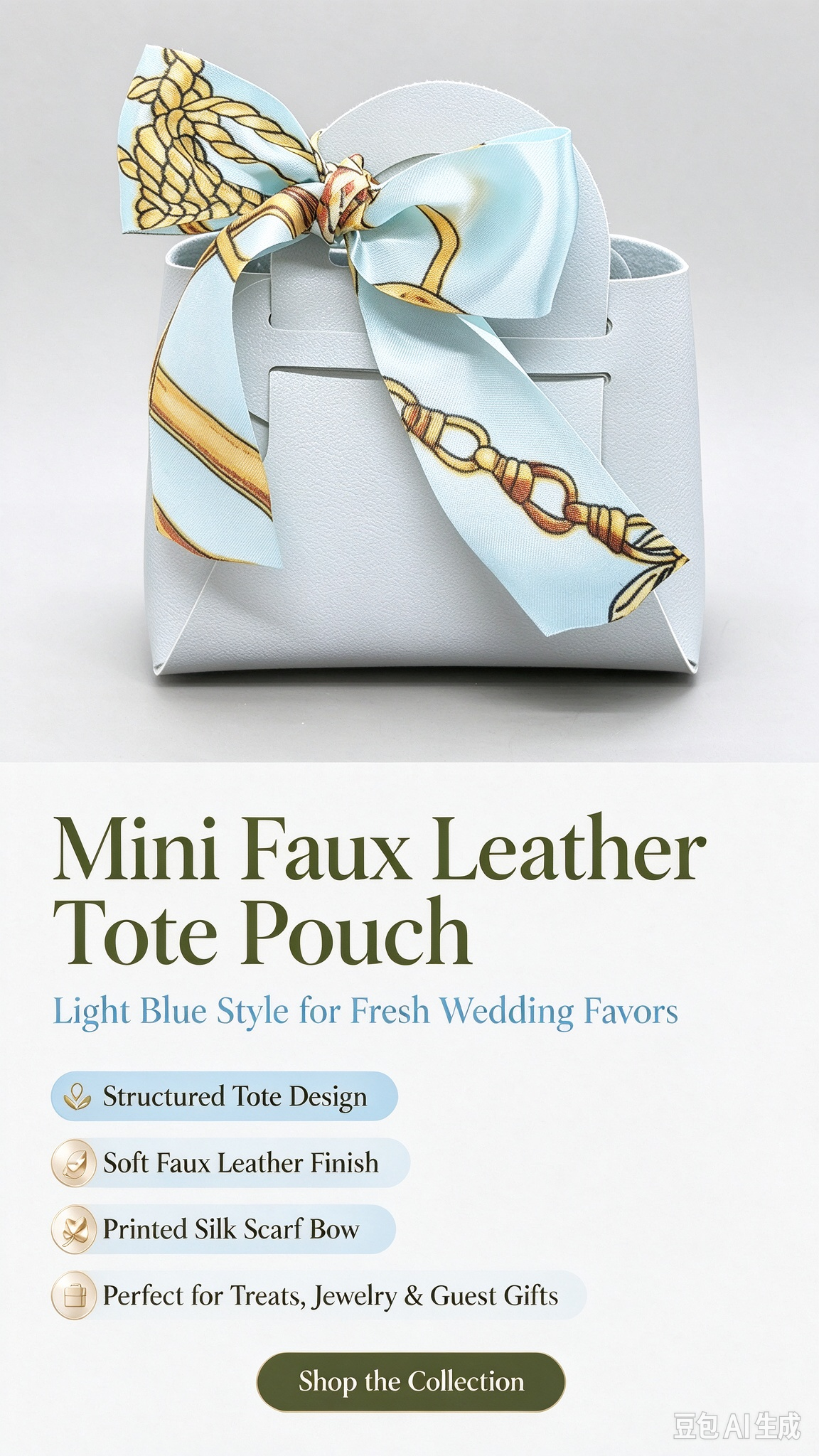 Light Blue Mini Faux Leather Tote Pouch, Small Gift Bag with Printed Silk Scarf Bow for Wedding Favors, Bridal Shower, Party Candy & Guest Gifts