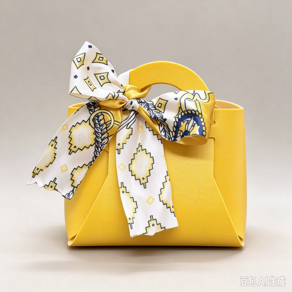 Yellow Mini Faux Leather Tote Pouch with Geo Print Silk Scarf Bow, Small Gift Bag for Wedding Favors, Bridal Shower, Party Candy & Guest Gifts