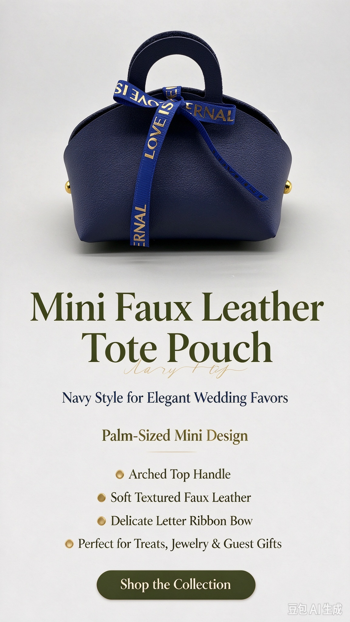 Navy Mini Faux Leather Tote Pouch with Delicate Letter Ribbon Bow, Small Gift Bag for Wedding Favors, Bridal Shower, Party Candy & Guest Gifts